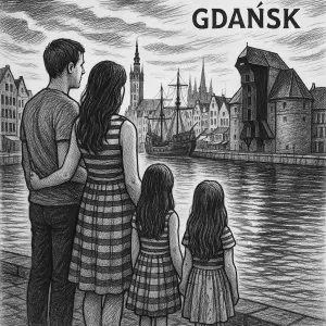 Černobílá kresba, vlevo muž,žena a 2 dcery, dlouhé vlasy, pruhované šaty. Vpravo přístav Gdaňsk. Západ slunce.