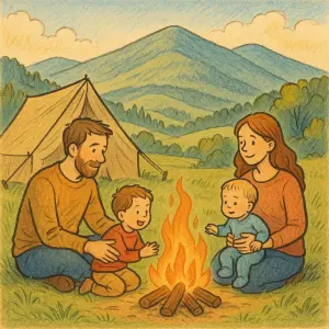 Táta s mámou a 2 kluci 1 a 3 roky u ohně, stan, vzadu kopce Bělé pod Pradědem. Kresba s barvou.