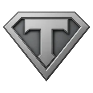 logo Supermana, akorát místo písmene S písmeno T, šedo-stříbrná barva, bez pozadí