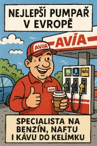 kreslený komiks čerpací stanice avia, nejlepší pumpař v Evropě, specialista na benzín, naftu i kávu do kelímku