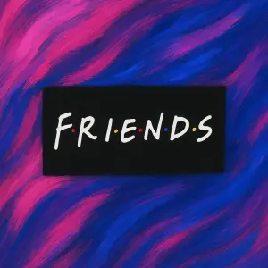 Tvar odbelnik, cerny Napis Friends podle serialu, okoli barevne smouhy ruzove, fialove, kralovsky modre