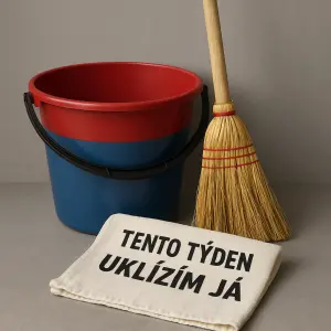 kyblík, koště a hadr s nápisem Tento týden uklízím já. šlo by to česky a bez chyb?