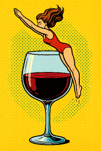 woman dives into glass of red wine pop art