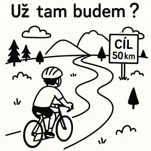 Cyklista na kole, před sebou má klikatou cestu v přírodě, jednoduchý obrázek, přidat text "už tam budem?"přidat cíl 50km