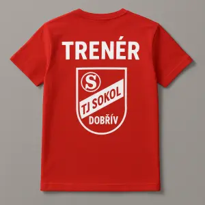 Barva klubu a znak TJ Sokol Dobřiv a na zadech napsano trener