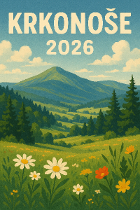 Chci obrázek s nápisem Krkonoše 2026, ktery bude odrážet právě panorama Krkonoš a letní náladu