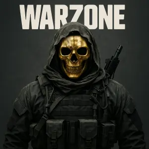 Vytvoř mi postavu z warzone ghousta se zlatou maskou a nad jeho hlavou napis warzone