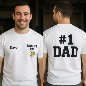 na přední straně v práci na prsou nápis Dave, a vlevo na prsou nápis Fathers Day a malý obrázek piva. na zádech velký ná