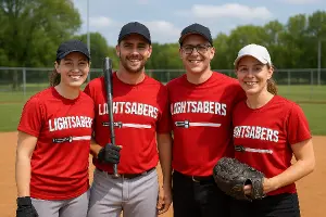 parta, která chodí na slowpitch a mají potisk Lightsabers červeno bílý
