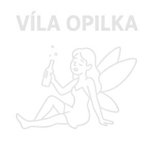 Tiskacím velkým písmem: VÍLA OPILKAA pod nim obrázek opilé víly, všechen potisk bude minimalisticky a v bíle barvě