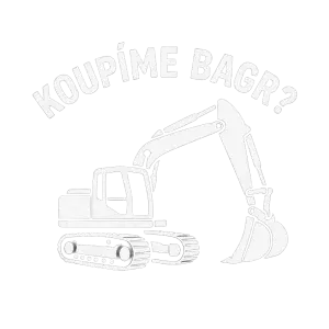 Nápis "Koupíme barg?" Pod nápisem bagr. Vše jako bílé logo.
