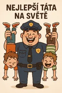 Humorný policista, který drží dva malé kluky za nohy vzhůru nohama a nápis nejlepší táta na světě