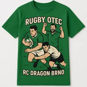 Zelené triko, rugby otec, klub Rc Dragon Brno,obrázek hráče s míčem, kterého protihráč skládá a v pozadí se raduje otec