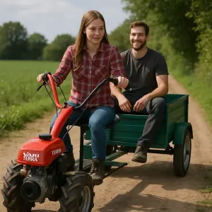 Holka co sedí na káře a ovládá Vari Terru, za ní v káře sedí chlap