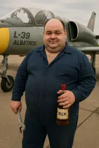 Obézní mechanik v kombinéze stojící s klíčem a rumem u letadla Albatros L39. Má velké kouty a kolečko bez vlasů na hlavě