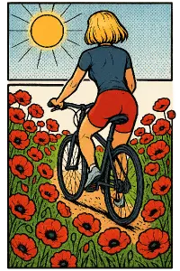 Komiks, červené vlčí máky, slunce, žena cyklistka, blond vlasy na mikádo, krásná postava, záběr zezadu, bez pozadí