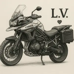 Bude tam motorka Triumph Tiger 1200 Explorer. Iniciály: L.V. a nějak nenápadně zakomponovat jednoduché srdíčko