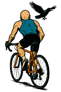 Grafika hory, komiks, plešatý cyklista, sportovní postava, bílá pokožka, záběr zezadu, létající kos, bez pozadi
