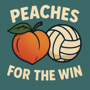 Motivy broskve a volejbalového míče a vtipný nápis v angličtině, který souvisí s výhrou ve volejbale-peaches for the win