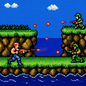 vizual retro nintendo hry contra, zaber ze hry, kdyz jdou hraci po pobrezi a strili