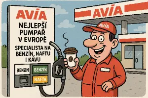 kresleny vtipný obrázek čerpací stanice avia, nejlepší pumpař v Evropě, specialista na benzín, naftu i kávu do kelímku
