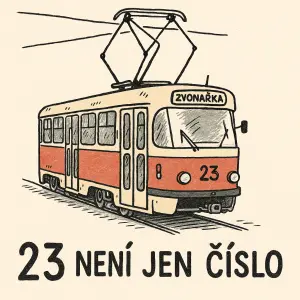 Tramvaj T3 23 jedoucí na Zvonařka, jednoduše kresba a text 23 není jen číslo