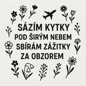 na obrázku text SÁZÍM KYTKYPOD ŠIRÝM NEBEM,SBÍRÁM ZÁŽITKYZA OBZOREMKOLEM NÁPSISU MOTIV JEDNODUCHÝCH KVĚTIN A LETADLA