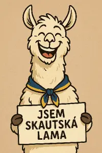 humorná lama se skautským šátkem na krku s nápisem "Jsem skautská lama"