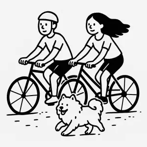nakresli dva cyklisty muž a žena. žena má dlouhé vlasy. vedle nich poběží pes samojed. udělej to černobíle jednoduaše.