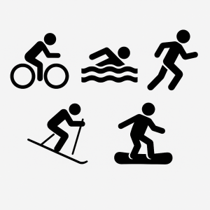 Jednoducha infografika cerna bez popisku nasledujicich sportu: cyklistika, plavani, beh, lyzovani, snowboarding