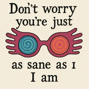 Chci napis "don't worry you're just as sane as I am" a obrazek bryli Luny Lovegood uprostred textu