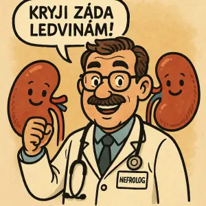 lékař muž - nefrolog a ledviny, karikatura , text: Kryji záda ledvinám!