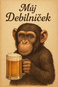 Chci aby tam byl opičák co má modré oči pivo v ruce a chci aby tam bylo napsáno hezkým písmem tohle Můj Debilníček