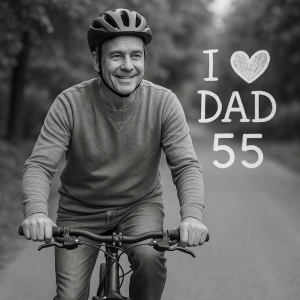 Muž na kole a k tomu něco milého pro tátu, kterému je 55. Jiný muž. Může být černobílé