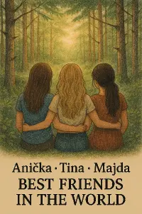 3 kamaradky jak sedi v lese zady . A Podtim jmena Anička, Tina a Majda. JEste tam napsat best friends in the world.