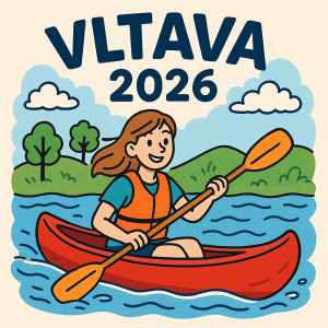 kreslený obrázek ženy na kánoi, nápis Vltava 2026