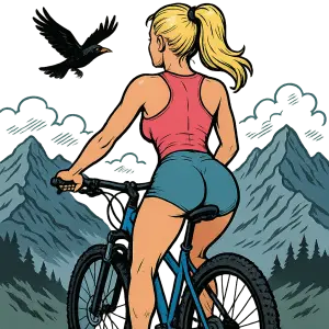 Hory, komiks, žena blondýna s culíkem na cyklo kole, s krásnou postavou, záběr zezadu, létající černý kos, bez pozadí