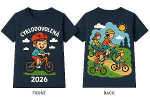 Grafický návrh: Cyklodovolená 2026 (Dětská verze)Dvoudílný grafický návrh na tmavě modré dětské tričko (přední a zadní s