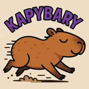 Kspybara běží doleva a má zavřené oči. Běží rychle a nad ní je do oblouku fialový nápis KAPYBARY s černým obrysem.