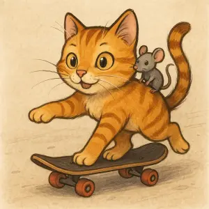 kočika co jede na skateboardu s myší na rameni