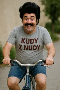 Srandovní muž jedoucí na kole s černou kubanskou parukou s textem ,,Kudy z nudy"