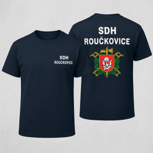 Na zádech napiš, SDH Roučkovice, přidat znak dobrovolných hasičů, ze předu na levém prsu: SDH Roučkovice,