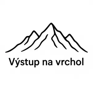 jednoduchý obrys hor, na bílém pozadí s nápisem "Výstup na vrchol" v levé části obrázku pod linkou obrázku