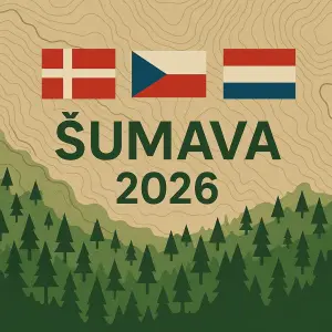 šumavská topografika, dánská český a nizozemská vlajka, les a nápis šumava 2026