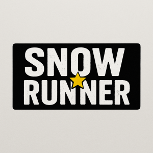 TEXT "SNOW RUNNER" mezi dvěma slovy žlutou hvězdu. Text podbarvený černým a bílé písmenka
