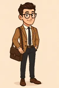 Cartoon styl, muž v módě stylově oblečený s taškou na notebook