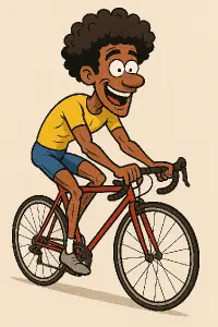 Kreslený humorný muž s kudrnatou černošskou parukou, bez kníru,hubený,svalnatý na závodním cyklistickém kole
