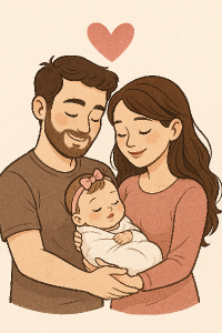 Na obrázku by měla být znázorněna mladá rodina, tedy tatínek, maminka a nově narozená holčička. Plus nějaké srdíčko.