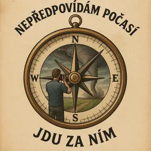 uprostřed kompas, v kompasu muž stojící zády a fotí tornádo. nad Nepředpovídám počasí pod jdu za ním