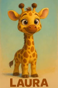 Malovaná žirafka ve stylu Pixar a jméno Laura
